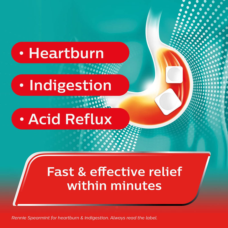 Rennie Antacids, Spearmint Flavour Heartburn Relief and Indigestion Tablets, Fast and Effective Relief for Acid Reflux, 4 Packs of 96 Tablets - NewNest Australia