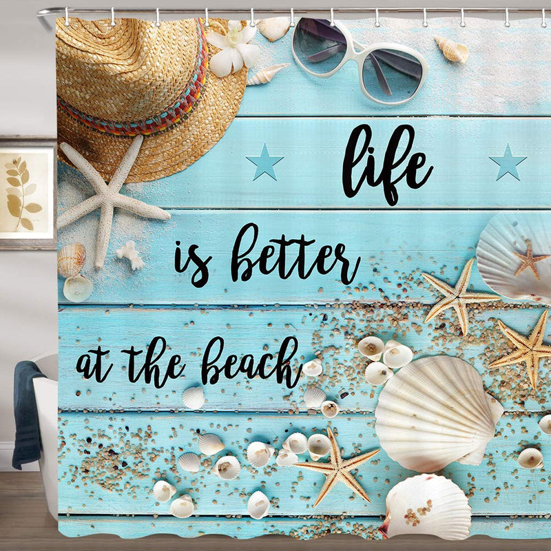 Beach Teal Rustic Shower Curtain, Life is Better at The Beach on Blue Wooden Seashell and Starfish on The Coastal Shower Curtain Set, Summer Waterproof Polyester Fabric Bathroom Curtain, 69x70inches 69"Wx70"L - NewNest Australia