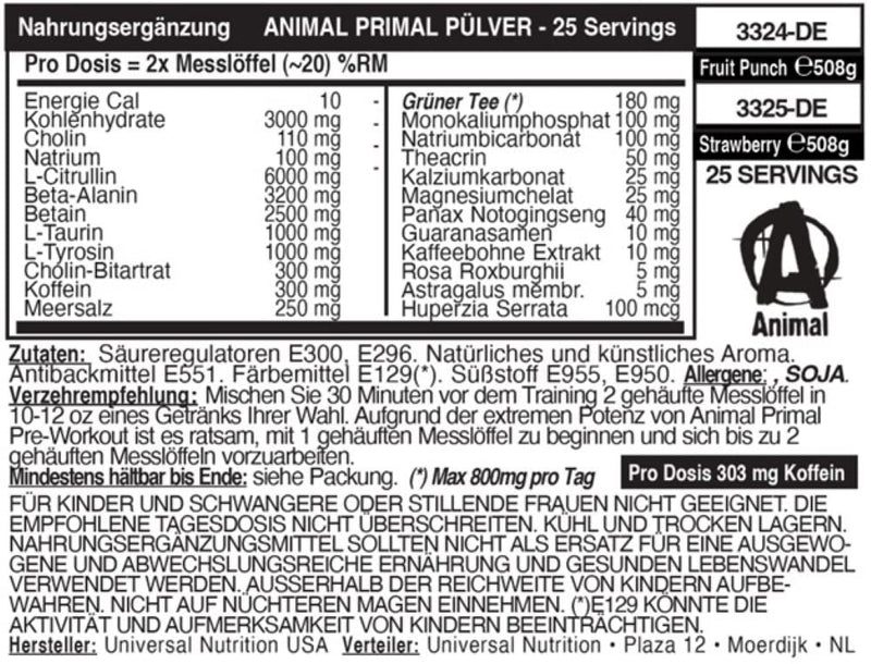 Universal Nutrition Animal Primal (Fruit Punch) Pre Workout Booster With Beta Alanine, Betaine, Taurine & Tyrosine & More For Maximum Pump, Energy & Supply Of Amino Acids During Training, 507 G - NewNest Australia