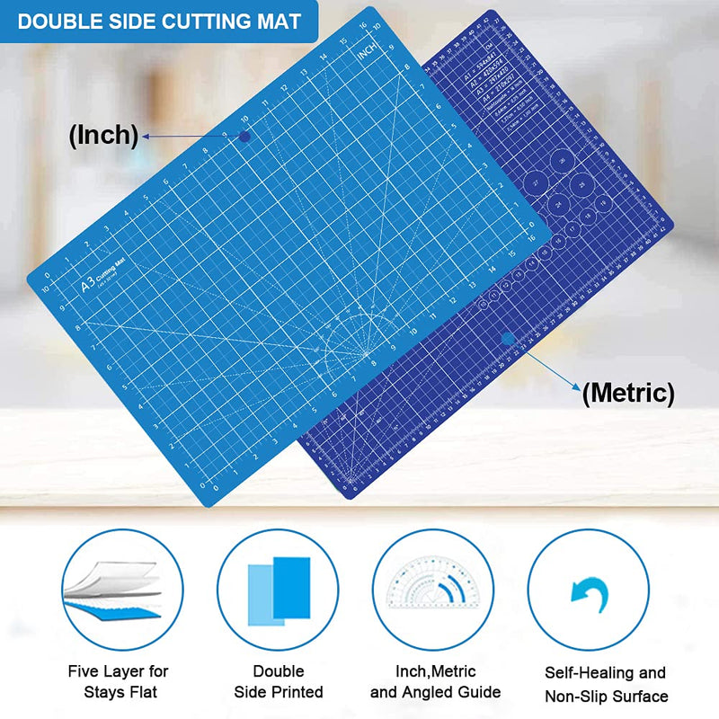 Headley Tools 12 x 18 Inch Self Healing Cutting Mat, Durable Non-Slip Rotary Cutting Mat Double Sided 5-Ply Gridded A3 Cutting Board for Craft, Fabric, Quilting, Sewing, Scrapbooking Project, Blue Light Blue/Dark Blue - NewNest Australia