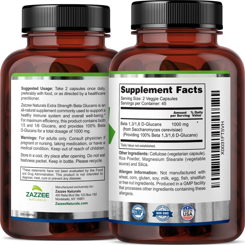 Zazzee Extra Strength 1,3/1,6 Beta Glucans 1000 mg, 100% Glucan Content, 90 Vegan Capsules, Supports a Healthy Immune System, Non-GMO and All-Natural - NewNest Australia