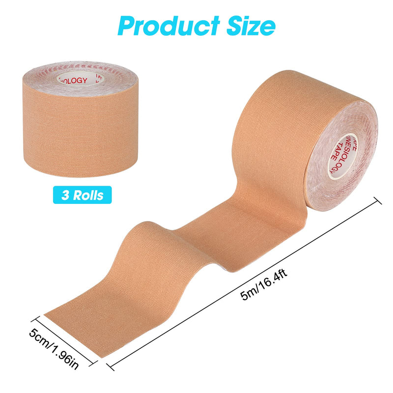 LDKJ 3 Rolls Kinesiology Tapes, Elastic Water Resistant Muscle Tape 5m x 5cm, Adhesive Uncut Sports Tape Breathable and Soft, Muscle Tape for Shoulder Knee Ankle (Beige) Beige - NewNest Australia