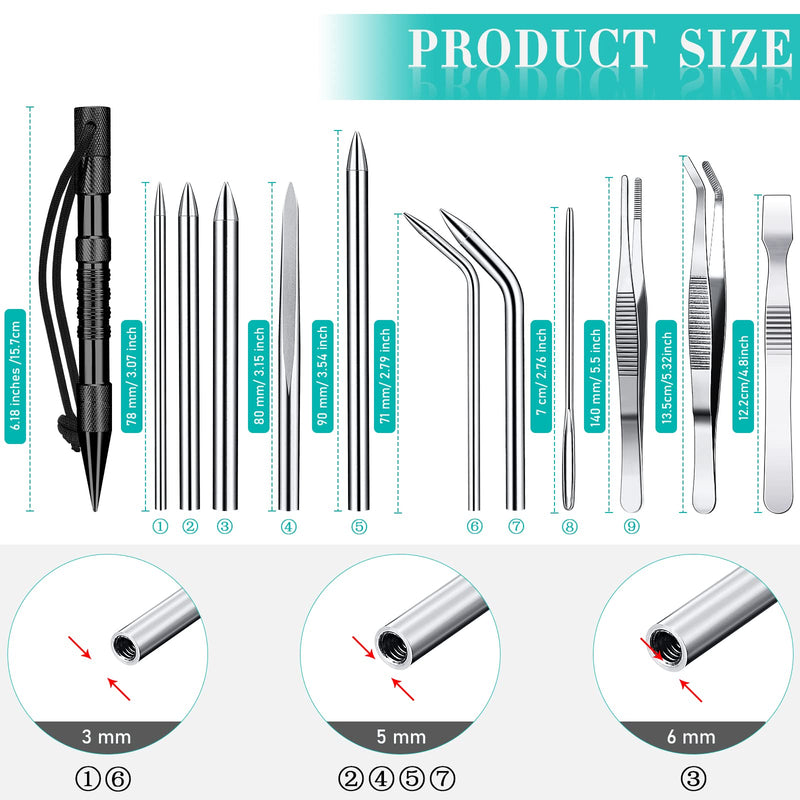 14 Pieces Paracord Tools Paracord FID Needle Set Paracord Stitching Set Stainless Steel Lacing Needles Smoothing Tool Knotter with Marlin Spike for Paracord Work Leather Weaving (Black) - NewNest Australia