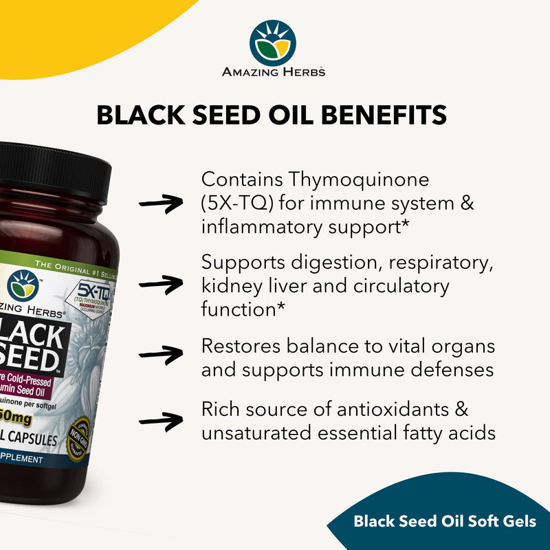 Amazing Herbs Premium Black Seed Oil Capsules - High Potency, Cold Pressed Nigella Sativa Aids in Digestive Health, Immune Support & Brain Function - 60 Count, 1250mg 60 Count (Pack of 1) - NewNest Australia
