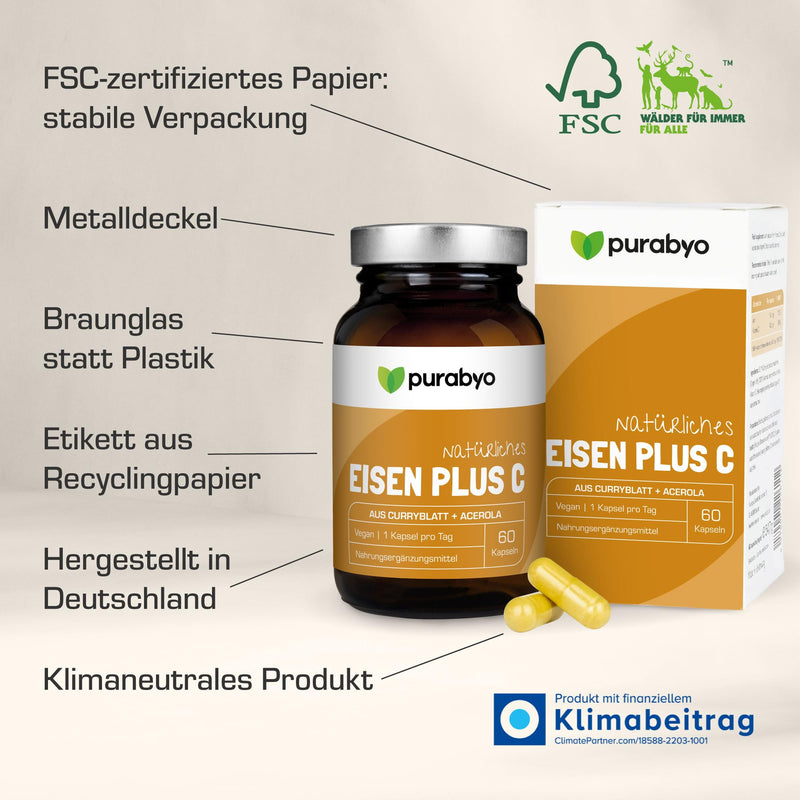 Vegetable iron from curry leaf with 40 mg of natural vitamin C from acerola | in the glass | Iron with 100% NRV | Vegan | Only 1 capsule daily | 2 month supply - NewNest Australia