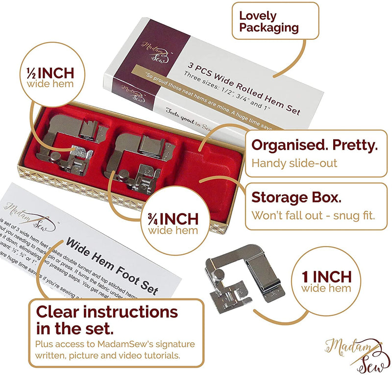 Madam Sew Rolled Hem Presser Foot Set – 3 Piece Wide Hemmer Foot Kit Includes 1/2”, 3/4" and 1” Presser Feet – Compatible with Singer, Brother, Babylock, Euro-Pro, Janome and More - NewNest Australia