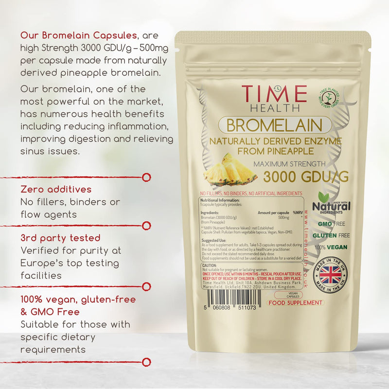 Bromelain Capsules - High Strength 3000 GDU - Highly Dosed 500mg per Capsule - Naturally Derived from Pineapple - UK Made - Zero Additives - Vegan - Pullulan (60 Capsule Pouch) 60 Count (Pack of 1) - NewNest Australia