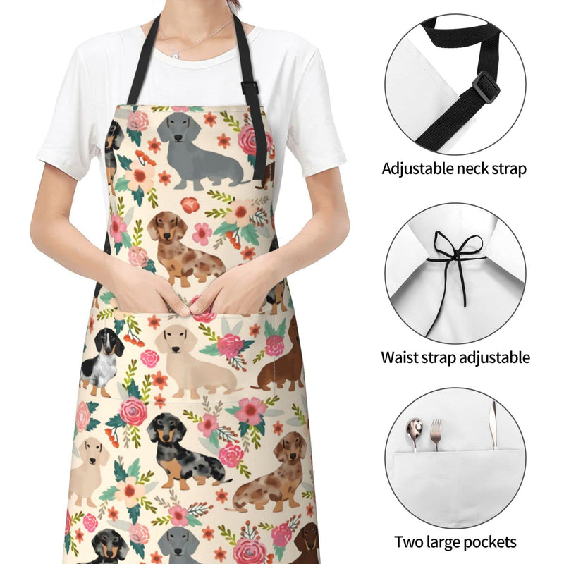 Dachshund Sausage Dogs Flowers Waterproof Apron Women Men Cooking Kitchen Adjustable Neck Aprons Bib With 2 Pockets Black One Size - NewNest Australia