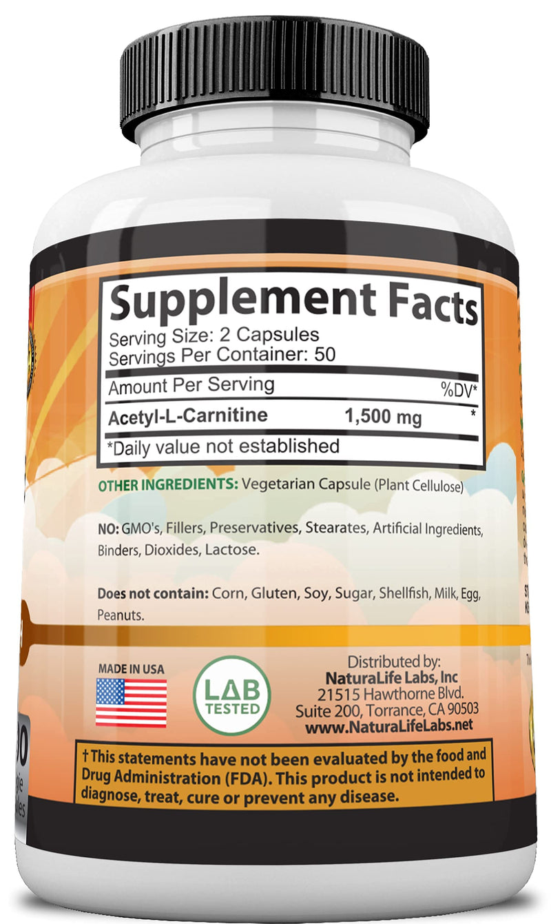 Acetyl L-Carnitine 1,500 mg High Potency Supports Natural Energy Production, Supports Memory/Focus - 100 Veggie Capsules - NewNest Australia