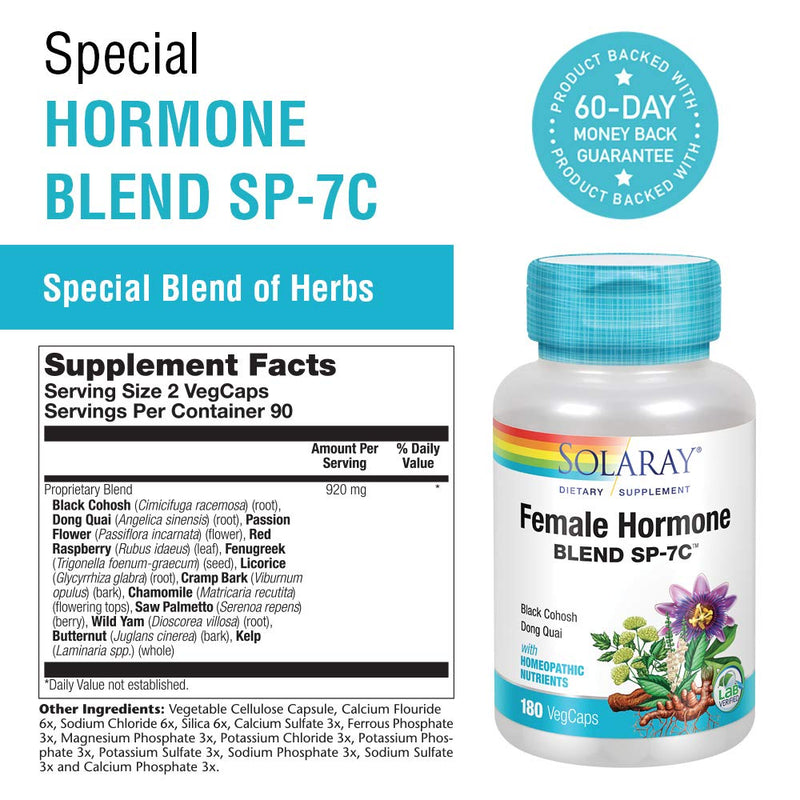 Solaray Female Hormone Blend SP-7C | Herbal Blend Includes Black Cohosh, Dong Quai, Passion Flower, Saw Palmetto, Wild Yam & More | 180 VegCaps - NewNest Australia