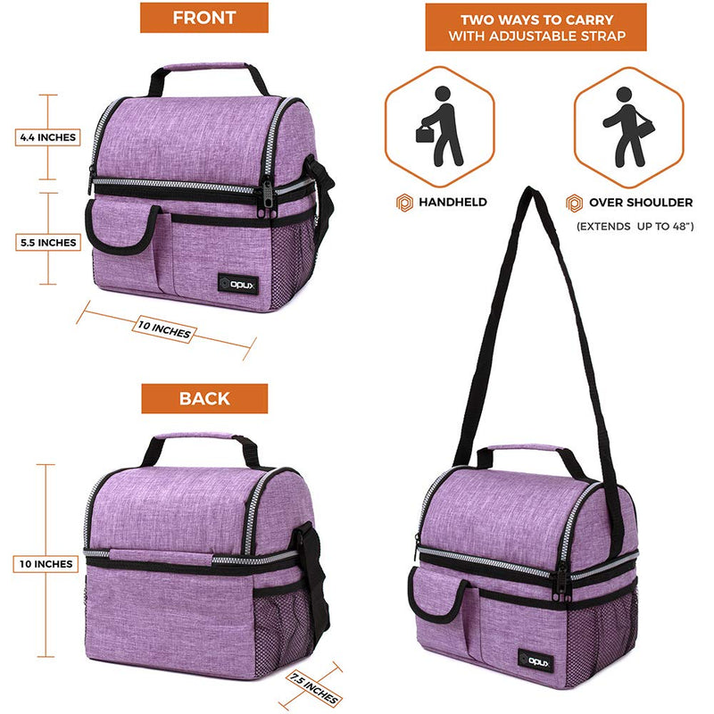 NewNest Australia - OPUX Insulated Dual Compartment Lunch Bag for Women | Double Deck Reusable Lunch Pail Cooler Bag with Shoulder Strap, Soft Leakproof Liner | Large Lunch Box Tote for Work, School (Purple) Heather Purple 