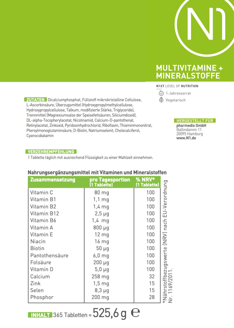 N1 Multivitamin Tablets High Dose - All Vitamins + Minerals - 365 Tablets 1 Year Supply - Dietary Supplement - Vitamin Tablets / Supplements - Vegetarian, Lactose-Free & Gluten Free - NewNest Australia