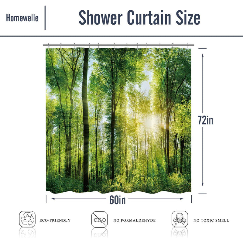 Homewelle Green Forest Shower Curtain Nature Tree Spring Sunlight Rustic Woodland Landscape Bright Sunshine 60Wx72H Waterproof 12 Pack Hooks Polyester Fabric Bathroom Bathtub - NewNest Australia