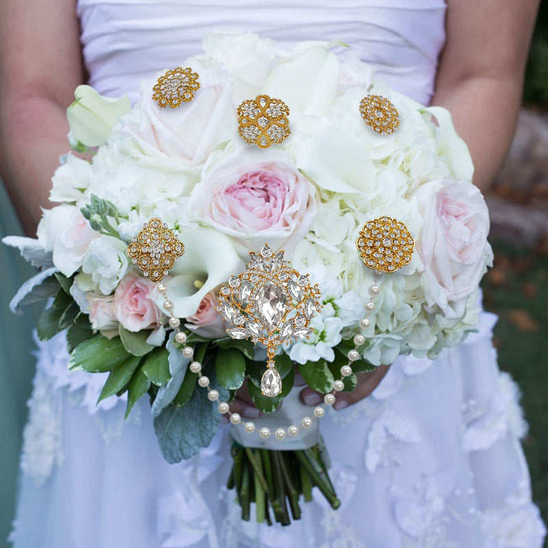 Yhsheen Rhinestone Brooches Crystal Brooch Pins, Pearl Crystal Wedding Bouquet kit Set (Gold-14pcs) Gold-14pcs - NewNest Australia