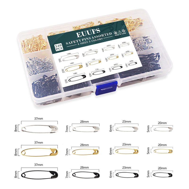 540PCS Safety Pins, EUUPS 4 Sizes Safety Pins Assorted, Durable & Large Strong Safety Pins Bulk for Art Craft Sewing Jewelry Making Home Office Use with Storage Box, Gold Silver Black - NewNest Australia