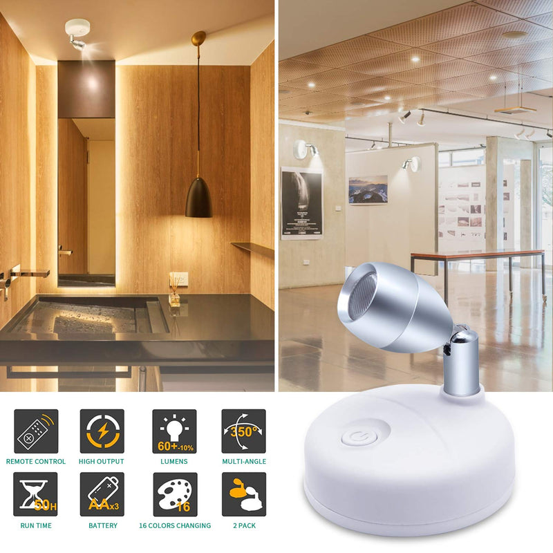 Wireless Spotlight Battery Operated Accent Lights with Remote, LED RGB+W Puck Lights Portable Little Spot Light Angle Adjustable with Dimmer & Timer for Artwork Painting Statue 2pcs - NewNest Australia