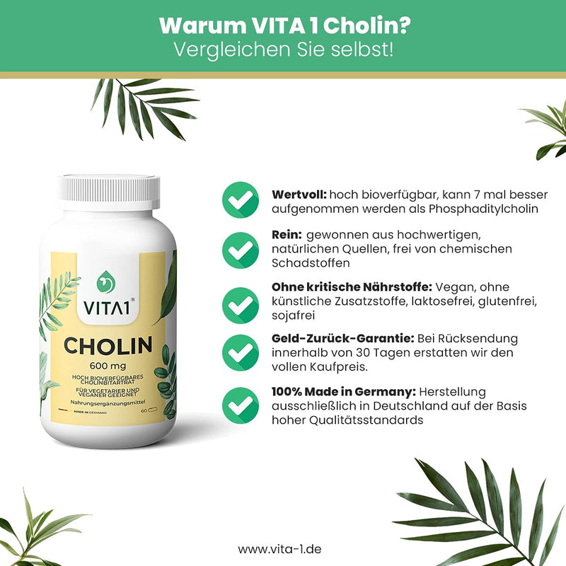 Choline 600mg • 60 capsules • for normal fat metabolism • VITA1 • Choline capsules for vegans and vegetarians - NewNest Australia