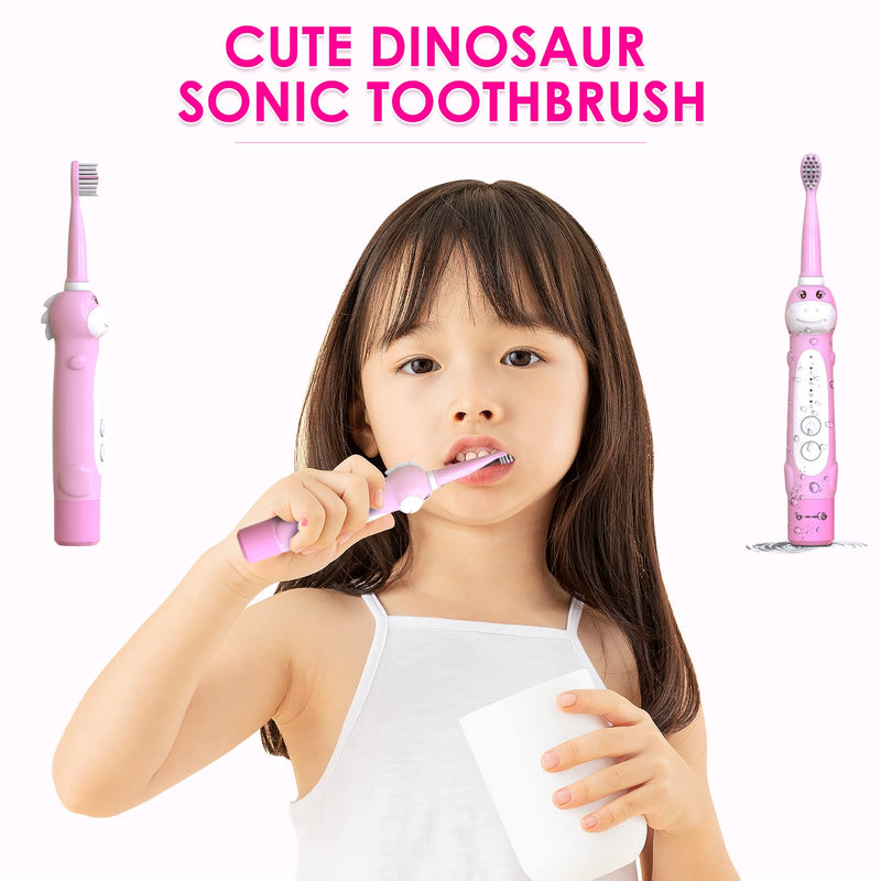 Dinosaur Toothbrush, Kids Sonic Electric Toothbrush for Children, Toddlers Boys Girls Age 3-12 with 30s Reminder, 2 Mins Timer, 5 Modes, 6 Brush Heads, Rechargeable, Wall-Mounted Holder 8680 Pink+ 6 Heads+ Holder(package Might Vary) - NewNest Australia