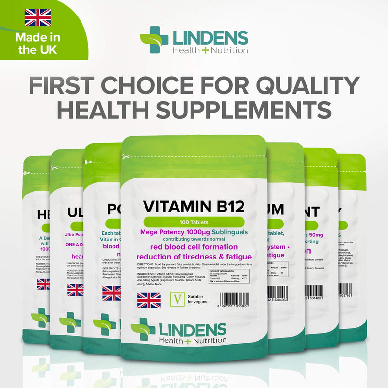 Lindens Vitamin B12 1000mcg Cherry Flavour Sublingual Tablets - 100 Pack - for Red Blood Cell Formation and Fatigue Reduction - Fast Absorption - UK Manufacturer, Letterbox Friendly 100 Count (Pack of 1) - NewNest Australia