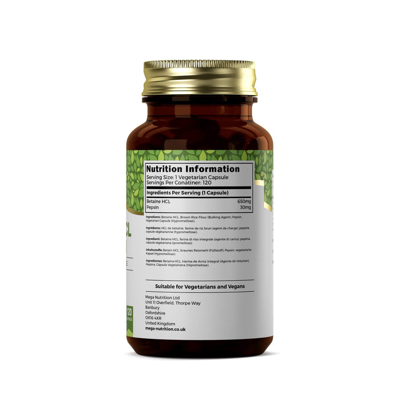 Ezyleaf Betaine Hcl Pepsin 680 Mg | 120 Vegan Betaine Hcl Capsules | Betaine Hydrochloride With Pepsin | Digestive Enzymes | No Artificial Ingredients | Iso Certificate, Gluten & Gmo Free | Made In - NewNest Australia