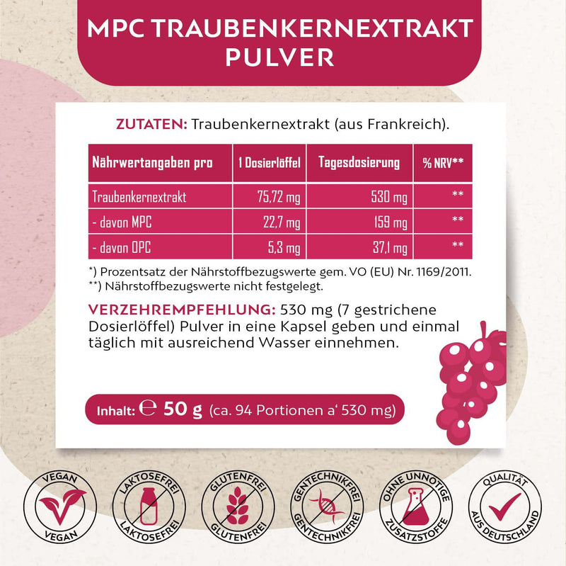 MPC grape seed extract powder I 50 g in a glass I Vegan I up to 44 times more bioavailable than OPC grape seed extract I High dosage I Quality from Champagne in France I No additives - NewNest Australia