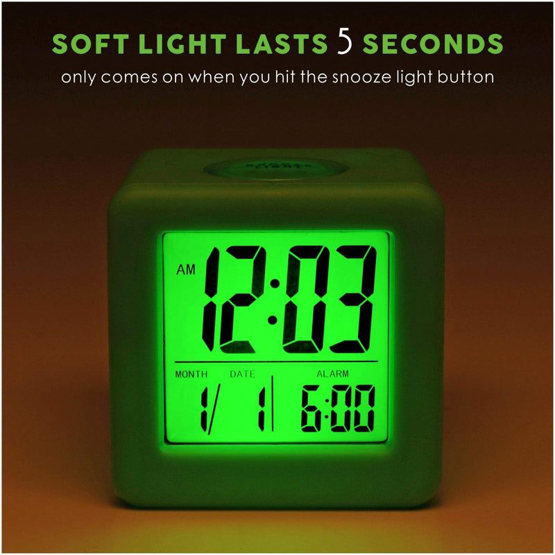 NewNest Australia - Plumeet Digital Alarm Clocks Travel Clock with Snooze and Green Nightlight - Easy Setting Clock Display Time, Date, Alarm - Ascending Sound - Battery Powered (Green) 