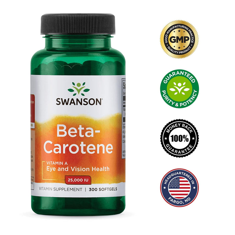 Swanson Beta-Carotene Vitamin A 25000 IU Skin Eye Immune System Health Antioxidant Support 7500 mcg 300 Softgels Count 1 - NewNest Australia