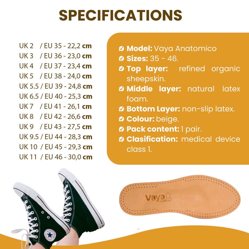 Vaya Anatomico - Premium Sheepskin Insole for Flat Feet, Metatarsalgia, Hallux Rigidus, Heel Shock Absorber & Forefoot Pain - Full Orthopedic Shoe Insert, Fallen Arches Support & Cushion (Men & Women) 8 - NewNest Australia