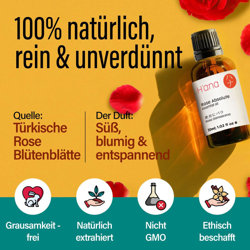 H'Ana Rose Essential Oils For Skin And Aromatherapy - 100% Pure Therapeutic Grade Rose Oil For Face - Rose Essential Oil For Diffuser, Skin, Face, Hair And Perfume (30Ml) - NewNest Australia