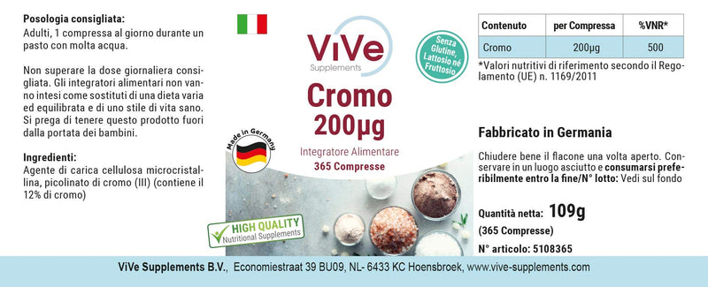 Chromium Picolinate - 200mcg Chromium - 365 tablets - High dosage - Vegan | Quality from Germany from ViVe Supplements - NewNest Australia