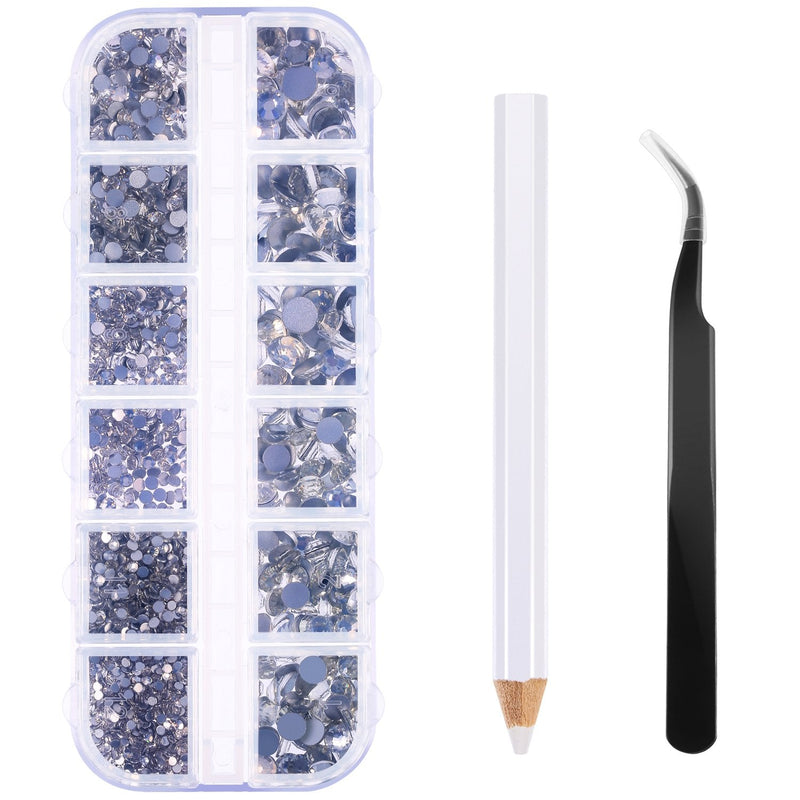 2000 Pieces Flat Back Gems Round Crystal Rhinestones 6 Sizes (1.5-6 mm) with Pick Up Tweezer and Rhinestones Picking Pen for Crafts Nail Face Art Clothes Shoes Bags DIY (Clear) Clear - NewNest Australia