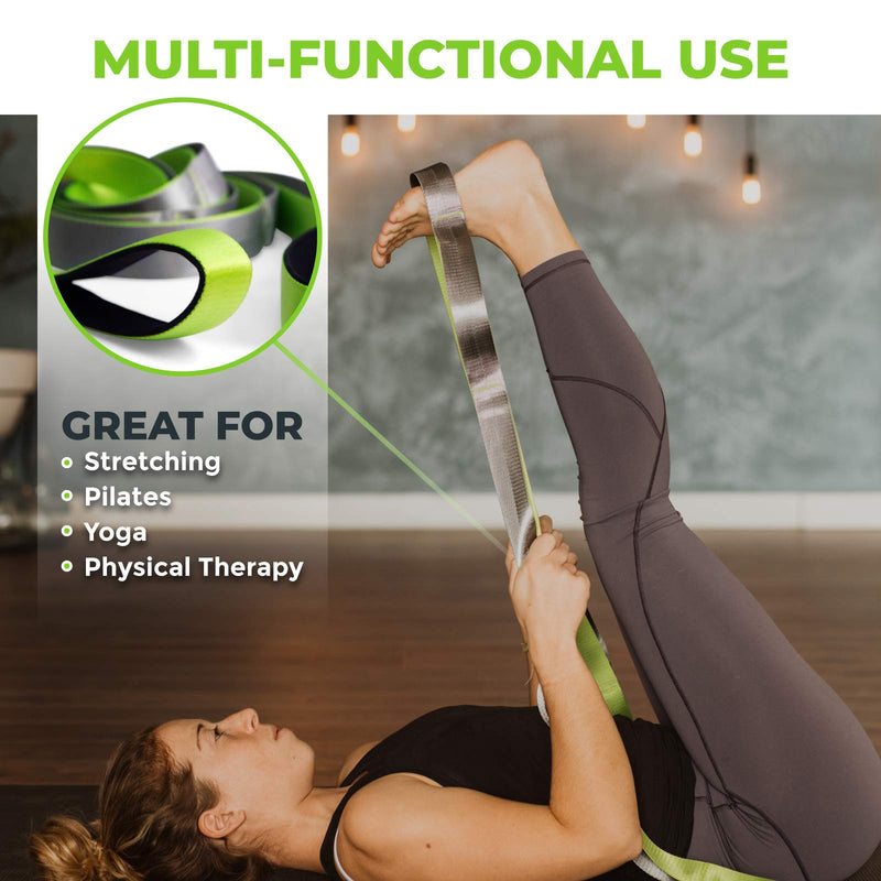 Gradient Fitness Stretching Strap, Premium Quality Multi-Loop Strap, Neoprene Padded Handles, 12 Loops, 1.5" W x 8' L Green/Grey - NewNest Australia