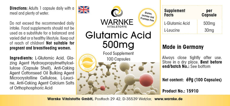 Glutamic acid 500mg - vegan & high dose - 100 capsules | Warnke vital substances - NewNest Australia
