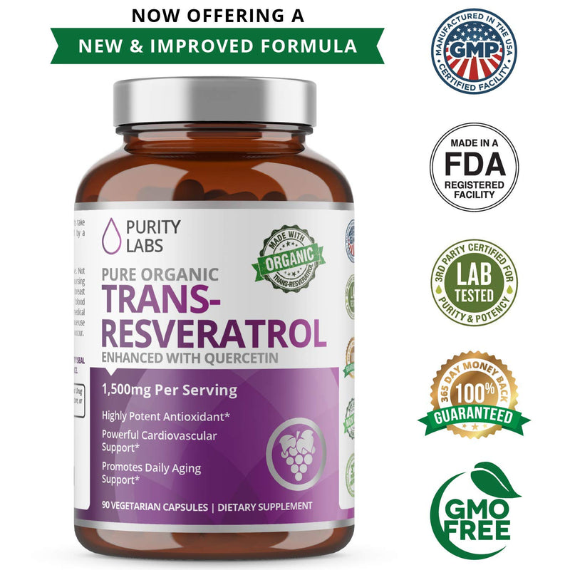 Organic Trans-Resveratrol Enhanced with Quercetin - 1,500MG Highest Potency Available in Vegetable Capsule - Powerful Support for CV System, Bones, Hair, Skin Nails - 90 caps - NewNest Australia
