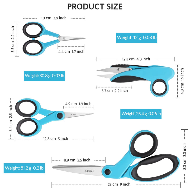 Fabric Scissors, Scissors Set with Sharp Stainless Steel Blade and Soft Handles, Including Sewing Scissors, Craft Scissors, Thread Snipers and Embroidery Scissors, 4PCs, Blue/Black - NewNest Australia
