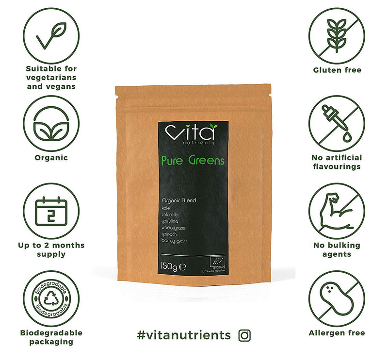 Vita Nutrients | Pure Greens | Premium Organic Superfood Powder Blend 150g | Vegan & Gluten Free | 6 Plant Based Supergreens, Rich in Vitamins, Minerals and Fibre | Made in The UK - NewNest Australia