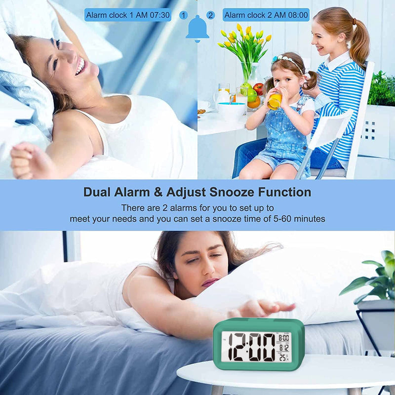 KAIJIELY Upgraded Digital Alarm Clock, 4.3" LED Display with Temperature Larger Lound Light Control Portable Snooze Calendar Brightness with Battery Powered Alarm Clocks Bedside for Everyone (Green) Green - NewNest Australia