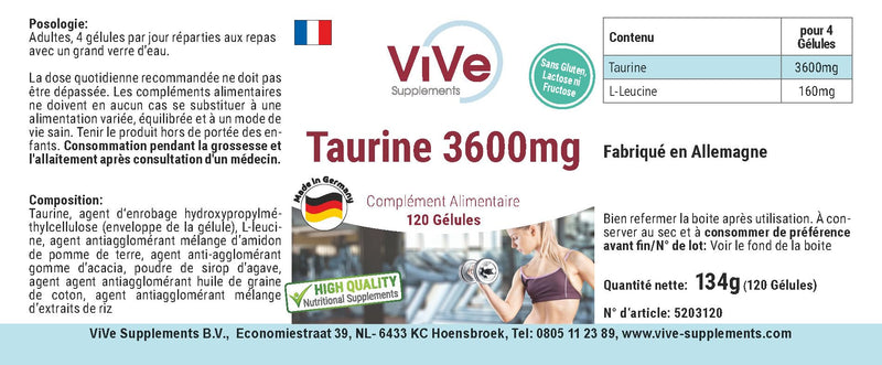 Taurine 3600mg daily consumption - 120 capsules - 900mg taurine per capsule - high dosage and vegan | Quality from Germany from ViVe Supplements - NewNest Australia