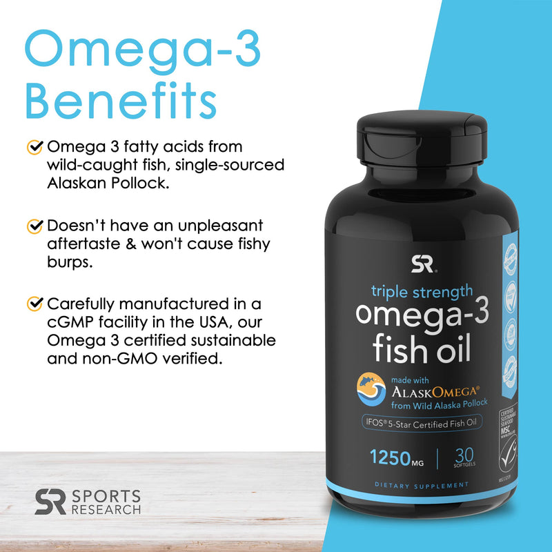 Sports Research Triple Strength Omega 3 Fish Oil Supplement - EPA & DHA Fatty Acids from Wild Alaskan Pollock - Heart, Brain & Immune Support for Adults, Men & Women - 1250 mg Capsules (30 ct) 30 Count (Pack of 1) - NewNest Australia