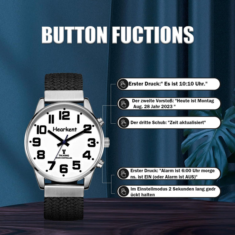 Hearkent Talking Watch with German Accent and Large Numbers, Self-Adjusting for the Visually Impaired, Blind or Elderly, Men's Size Nylon Black - NewNest Australia