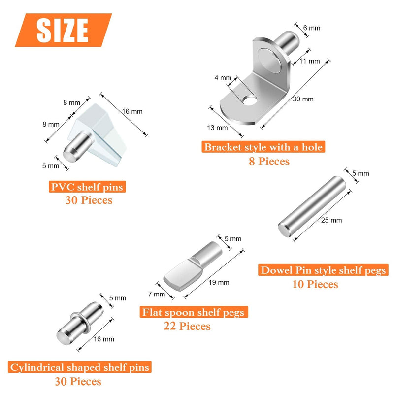 HELIFOUNER 100 Pieces 5 Styles Shelf Pins Kit, Top Quality Nickel Plated Shelf Bracket Pegs Cabinet Furniture Shelf Pins Support for Shelf Holes on Cabinets, Bookcases, Entertainment Centers - NewNest Australia