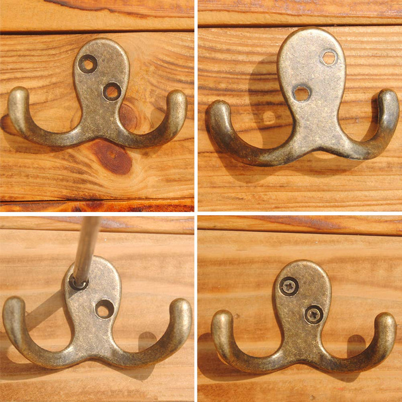 NewNest Australia - Coat Hooks Double Prong Wall Hanger Mounted with 25 Screws 35 LB Utility Hooks Heavy Duty Towel Hooks Retro Double Hooks for Coat, Scarf, Bag, Towel, Key, Cap, Cup 8 Pack Bronze 