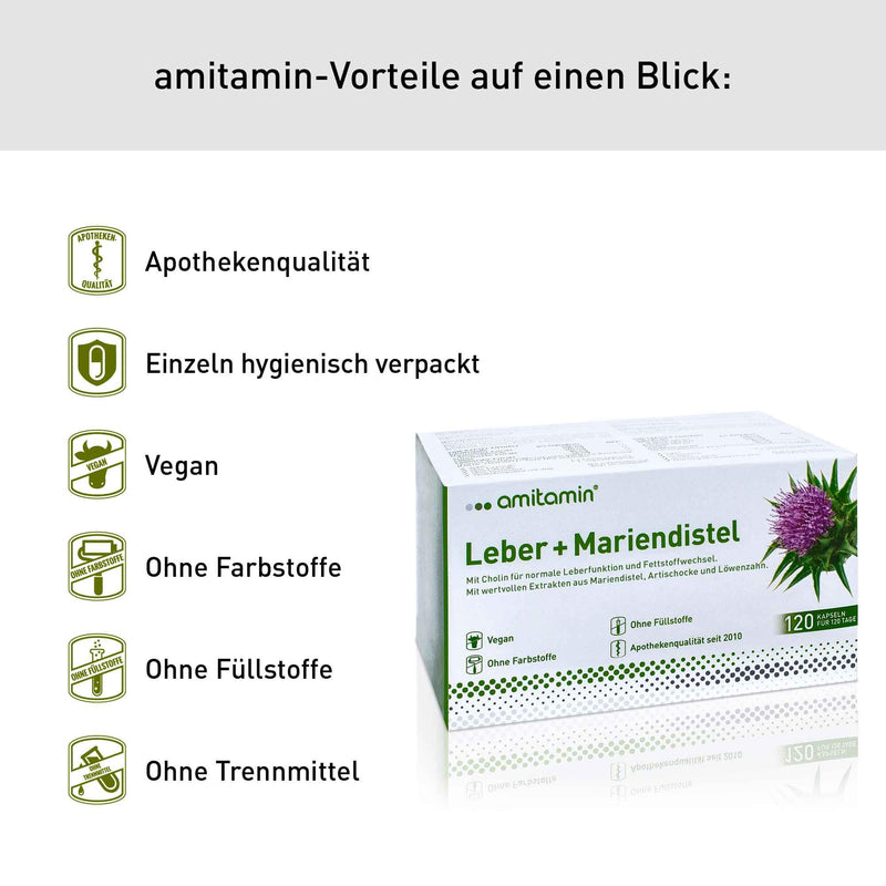 Amitamin Liver + Milk Thistle, German Pharmacy Quality, 120 Capsules For 4 Months, High Dosage, Milk Thistle, Dandelion And Artichoke Extract, Silymarin Content 80% Plus Choline, Vegan - NewNest Australia