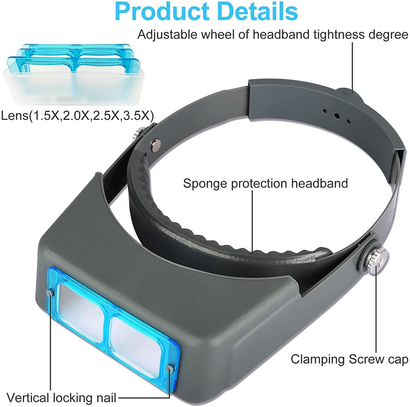 Headband Magnifier, Professional Double Lens Head-Mounted Loupe Jewelry Magnifier, Reading Visor Opitcal Glass Binocular Magnifier with Lens Magnification-1.5X 2X 2.5X 3.5X for Repair, Crafts Grey - NewNest Australia