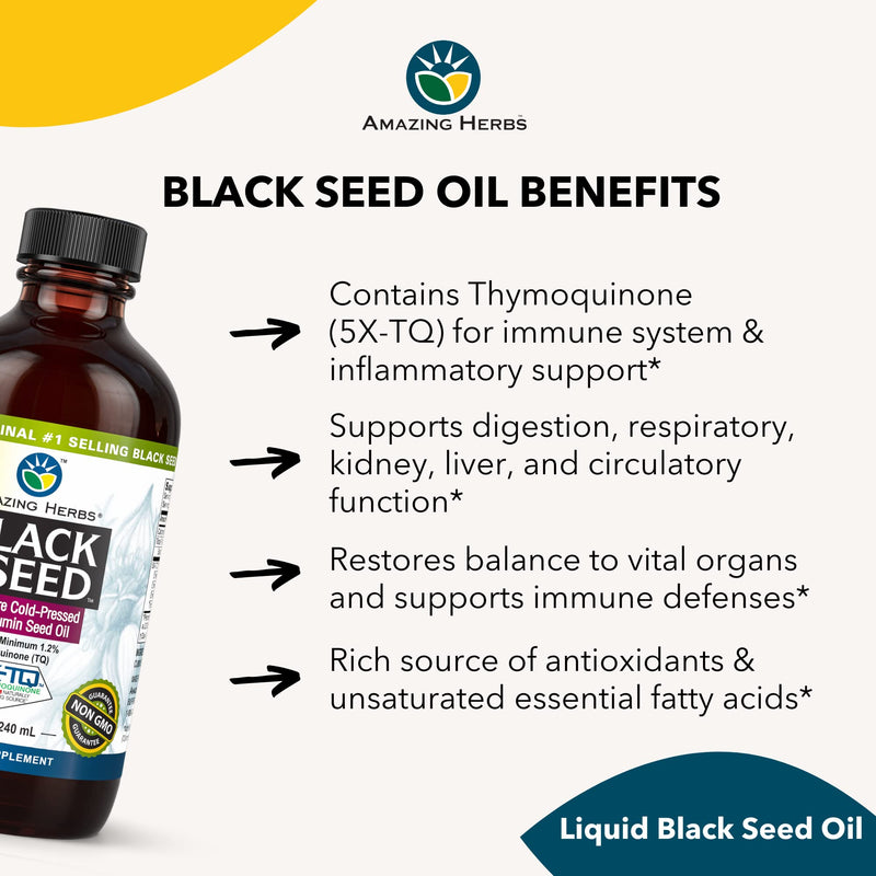 Amazing Herbs Premium Black Seed Oil - Cold Pressed Nigella Sativa Aids in Digestive Health, Immune Support, Brain Function, Joint Mobility, Gluten Free, Non GMO - 8 Fl Oz 8 Fl Oz (Pack of 1) - NewNest Australia