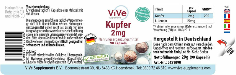 Copper 2 mg - 90 capsules copper bisglycinate - vegan - essential trace element | Quality from Germany from ViVe Supplements - NewNest Australia