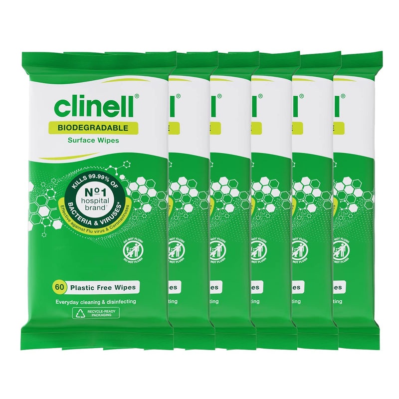 Clinell Universal Plastic Free Biodegradable Cleaning and Disinfectant Wipes for Surfaces - 6 Packs of 60 Wipes - Multi-Purpose Wipes, Green & GCIHS500 Hand Sanitiser Gel- 500ml bottle + Hand Sanitiser Gel, 500ml bottle - NewNest Australia