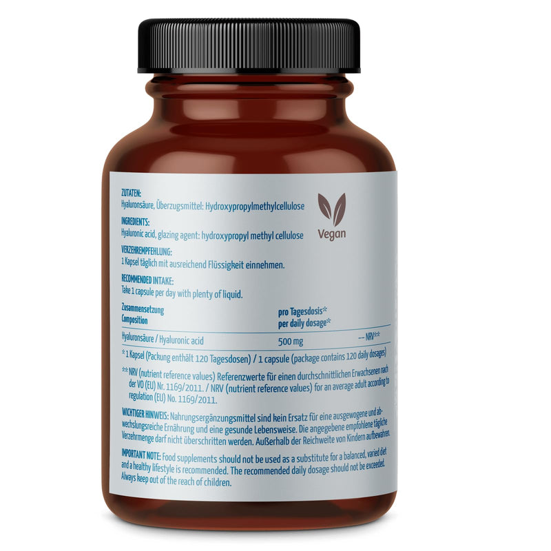 Hyaluronic acid 120 capsules | Highly dosed with 500mg hyaluronic acid per capsule | 100% vegan | Highly pure and made without solvents | from the aft yard - NewNest Australia