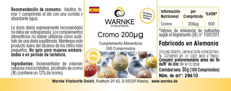 Chromium 200µg - 100 tablets of chromium picolinate for 200 days - German pharmacy quality - dietary supplement - high dosage - vegan | Warnke vital substances - NewNest Australia