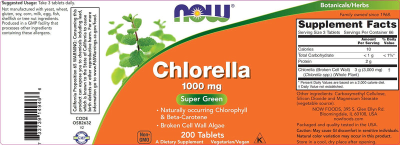 Now Chlorella Tablets,1000mg, 200 Tabs - Premium, Non-GMO Microalgae - Green Superfood Supplement - NewNest Australia
